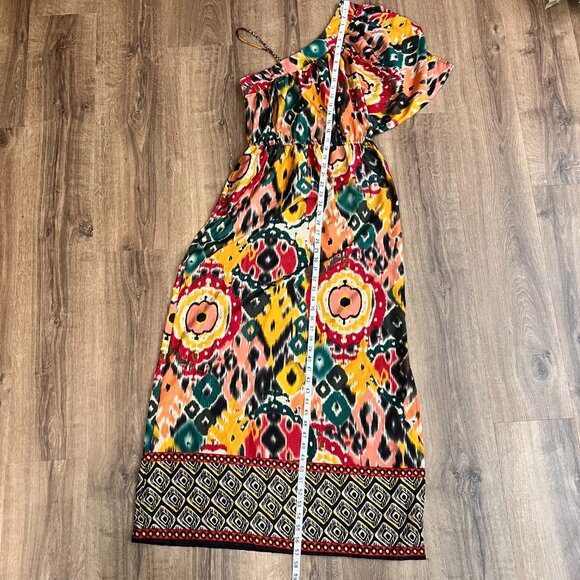 Angie One Shoulder Asymmetrical Colorful Festival Artsy Maxi Dress Sz S - Picture 7 of 11